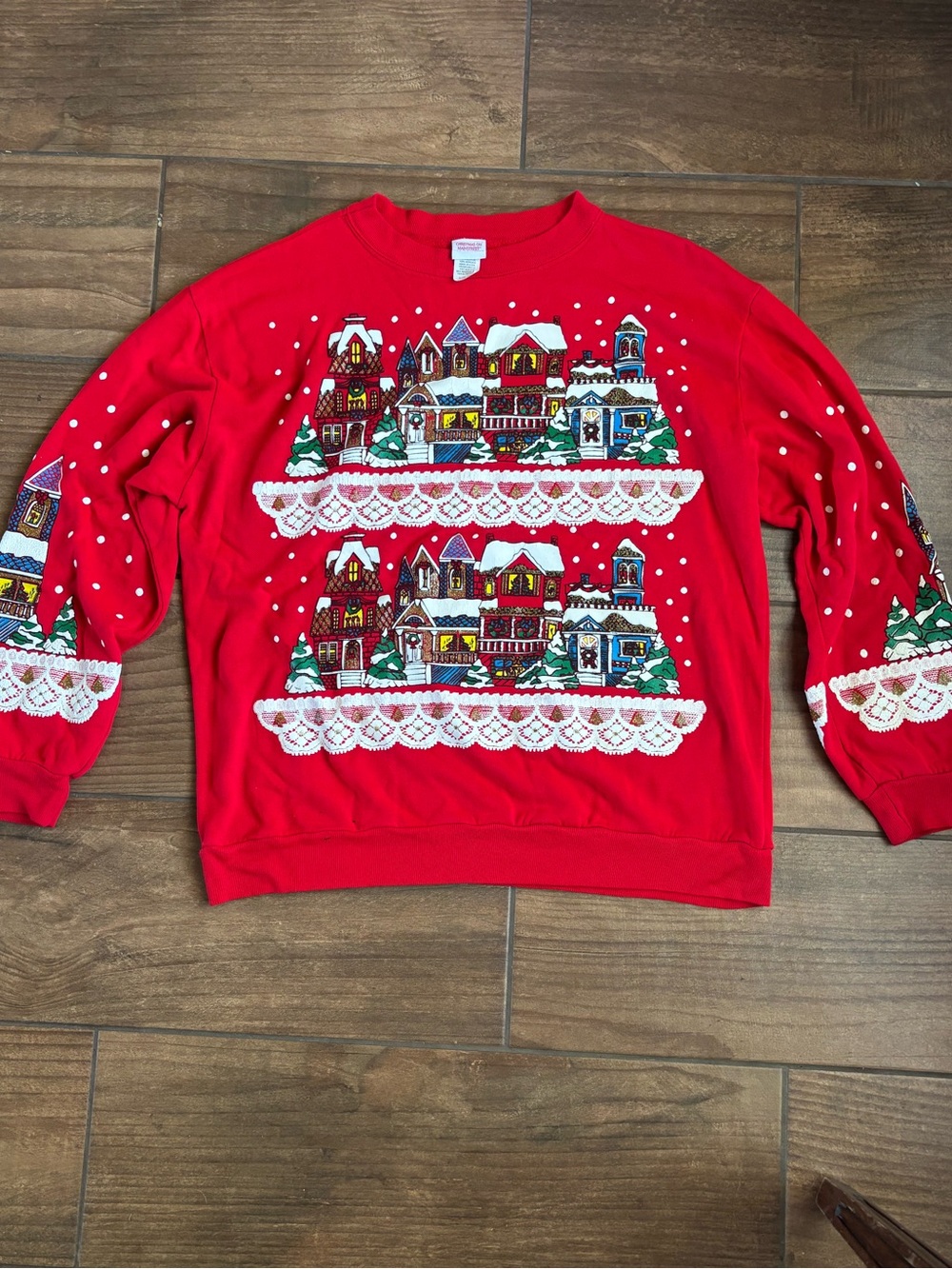 Vintage Christmas on Mainstreet Ugly Christmas Sweatshirt Village Lace M/M USA